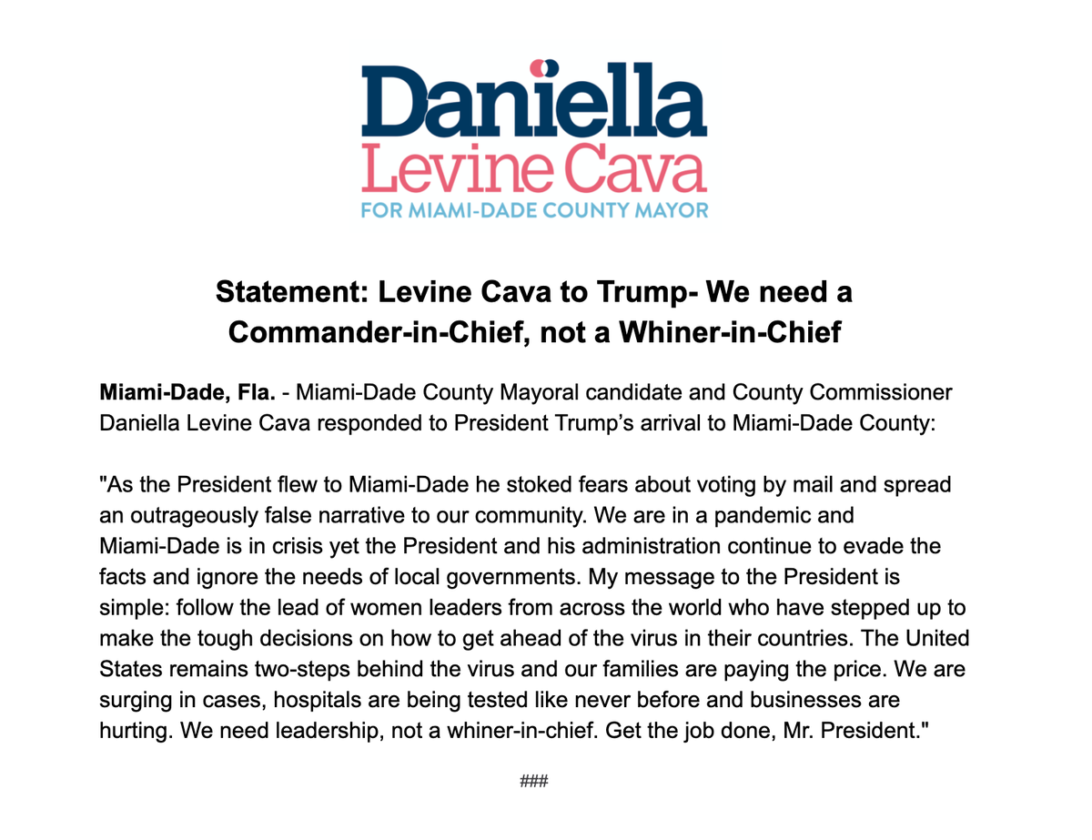 LevineCava's tweet photo. My statement on @POTUS visit to Miami-Dade. Mask up, Mr. President! https://t.co/scodmyUs9u