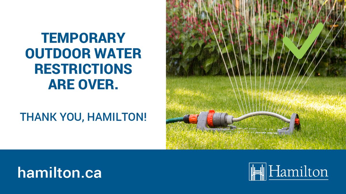 cityofhamilton's tweet photo. Effective immediately, the ban on all non-essential outdoor water use has been LIFTED &amp; residents are permitted to resume non-essential water use outdoors, including watering lawns, using sprinklers, filling large pools &amp; washing cars. Thank you, #HamOnt!

https://t.co/bhsIg6dReT https://t.co/DNHqWTa5gR