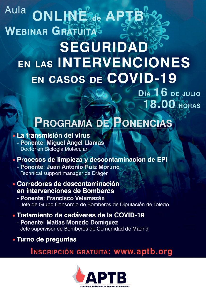 ¿Conoces ya el Aula ONLINE de #APTB? Pues el día 16 de julio, a las 18:00, tienes una buena oportunidad de hacerlo con la webinar gratuita que dedicamos a "Seguridad en las intervenciones en casos de COVID-19". Inscríbete ya en bit.ly/APTB-Webinar16…
OJO al programa: