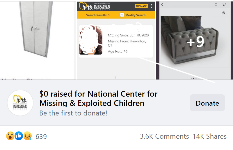 Here's the biggest Facebook post about Wayfair I can find, which has been shared 14,000 times. Plot twist, the user who posted it later says in an update that one of the kids has been found. "Doesn't mean this ain't happening. That's what they want you to think," he says...