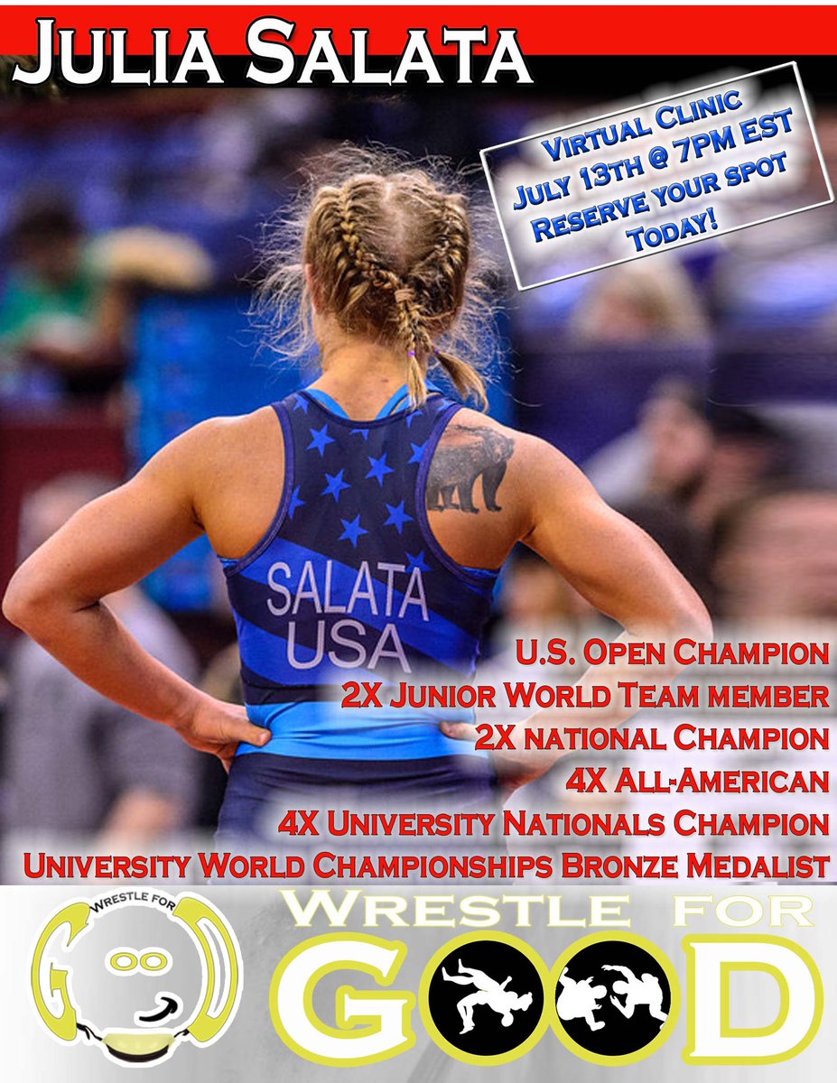 Join us this Monday for our e-clinic with US Open Champion <a href="/JSalata/">Julia Salata Vargas</a> at 7:00 pm ET. The great clinicians just keep on coming! 🤼‍♀️ <a href="/WrstleLikeAGirl/">Wrestle Like A Girl</a> wrestleforgood.com/index.htm