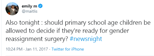  #NewsNight presenters making false & harmful insinuations that transgender children have access to surgery (minimum age for Trans surgeries on the NHS is 17 in the UK, though practically inaccessible due to 4+ year waiting lists) #BBCTransphobia