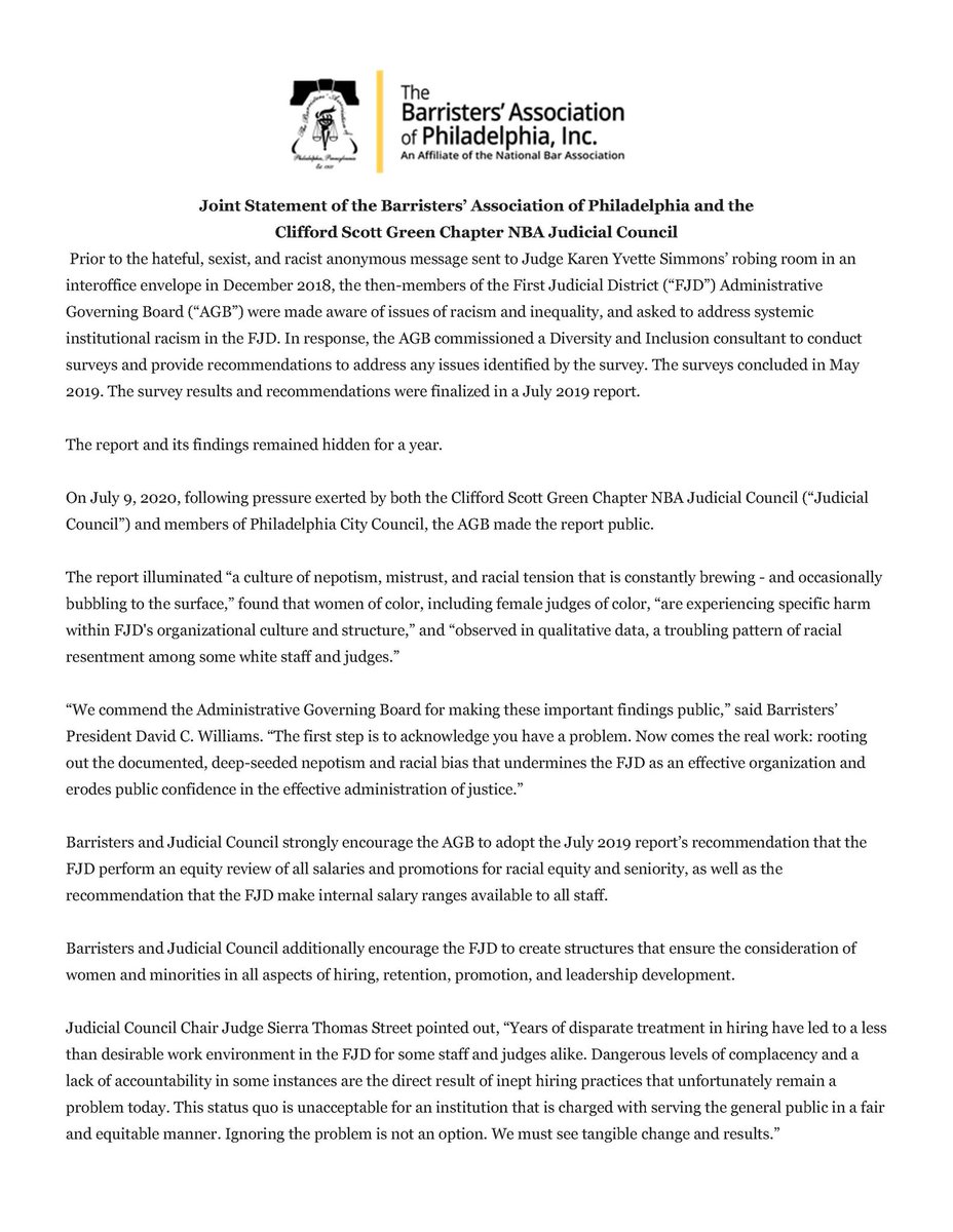 The Joint Statement of the Barristers Association of Philadelphia, Inc. and the Clifford Scott Green Chapter of the National Bar Association Judicial Council on changing the culture of the <a href="/PhilaCourts/">PhilaCourts</a>