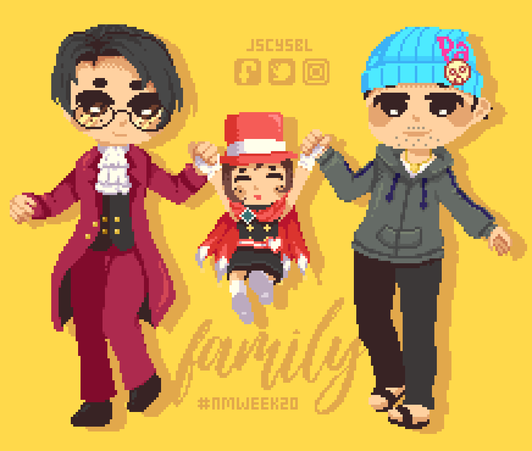 jsbtlas's tweet photo. i'm working on #nmweek20 late af! here's day one: family 👨👨👧⚖️✨
#artph #aseprite #aceattorney https://t.co/Y16eyh1085