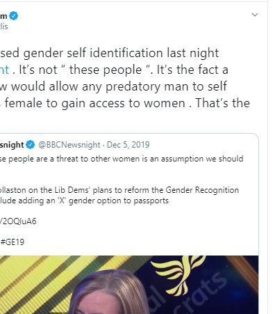  #NewsNight presenter uncritically parroting the fabricated Evangelical Christian propaganda trope that Statutory Declaration of gender identity would lead to increased danger from "predatory men"  #BBCTransphobia