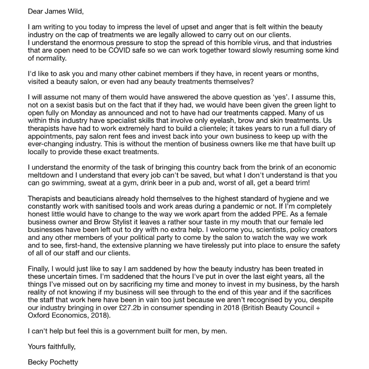 The Beauty industry is slowly dying we need more help now, please tell me the difference between a top lip wax to a beard trim ? <a href="/jamesowild/">James Wild MP</a> <a href="/carolinenokes/">Caroline Nokes</a> <a href="/RishiSunak/">Rishi Sunak</a> @bbeautycouncil
