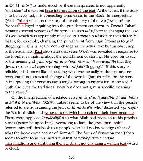 Tafsir al Tabari, Tafsir al Qurtubi et Tafsir Ibn Kathir confirment que cet ensemble de versets parlent de falsification du sens par les Juifs, afin de cacher la lapidation .. qu'ils ne voulaient plus appliquer.