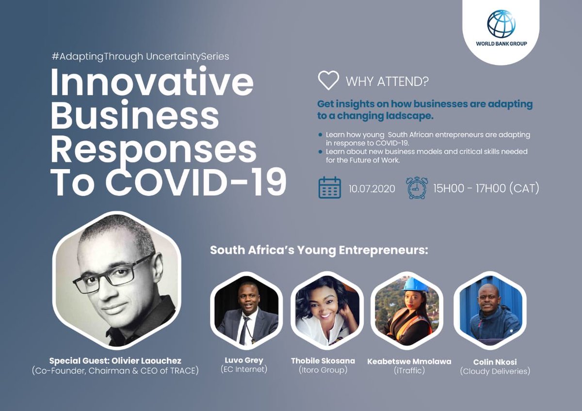 MarieMarieNelly's tweet photo. With my @WorldBankAfrica team, pleased to have facilitated this webinar showing how young South African entrepreneurs can bring innovative solutions to crucial issues. Just give them the space to showcase what they can do!! https://t.co/wzdMNoNe1M