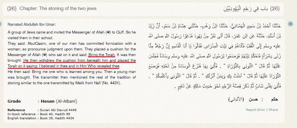 Fin du thread, merci pour la lecture.Quelques hadiths sur le sujet :Abu Dawud 4449Le prophète place la Torah sur un coussin et dit : "J'ai cru en toi et en Celui qui t'a révélée"