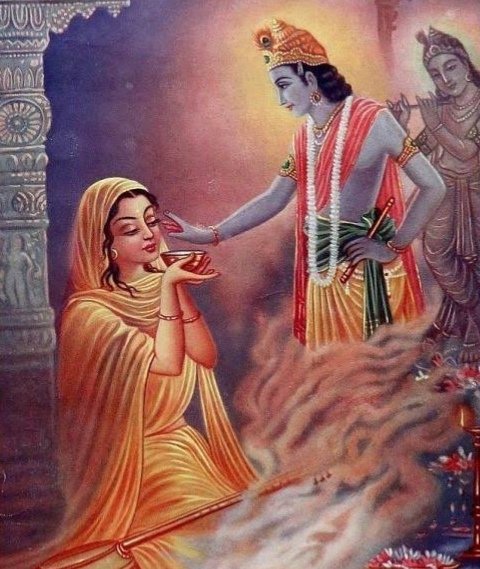 She left her in-law's place, only to find herself moving out of her own house as well. She began to travel wide and far..She reached Brindavan and found out her Flute-bearer there. She went about Brindavan begging for her food.