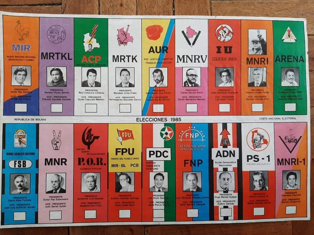 JRMarquezM's tweet photo. #BOLIVIA La papeleta electoral de 1985. Debe ser la campa├▒a con m├бs #movimientistas de nuestra historia. #MNR, #MNRV, #MNRI, #MNRI1 https://t.co/bYuQd20nbE