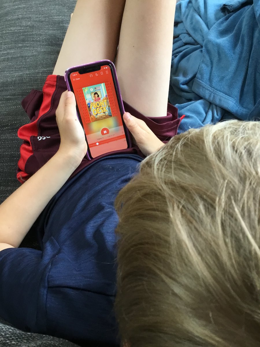 MrsCesari's tweet photo. Slowly realizing (duh! why'd it take this long?) that you can dislike reading but still loooove books. He's more than an hour into @kellyyanghk's Front Desk, with no interest in stopping. #smallmiracle #audiobooksarebooks #librarianmom #stilllearning https://t.co/MJmkk3lrAV