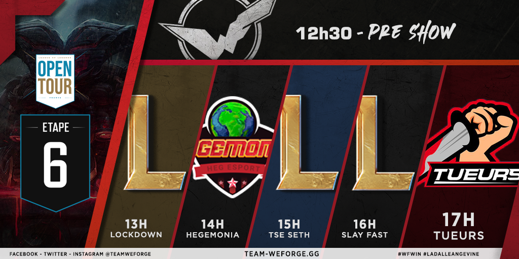 🚨#LoLOpenTour - Etape 6

Voici le programme de la journée de demain pour notre équipe #LeagueOfLegends !

12h30➡️Pré-Show
13h🆚LockDown
14h🆚<a href="/HegemoniaFrance/">Hegemonia</a>
15h🆚TSE SETH
16h🆚SLAY FAST
17h🆚TUEURS

📺twitch.tv/teamweforge

#WFWIN🔴⚫️ #LaDalleAngevine #SportAngers