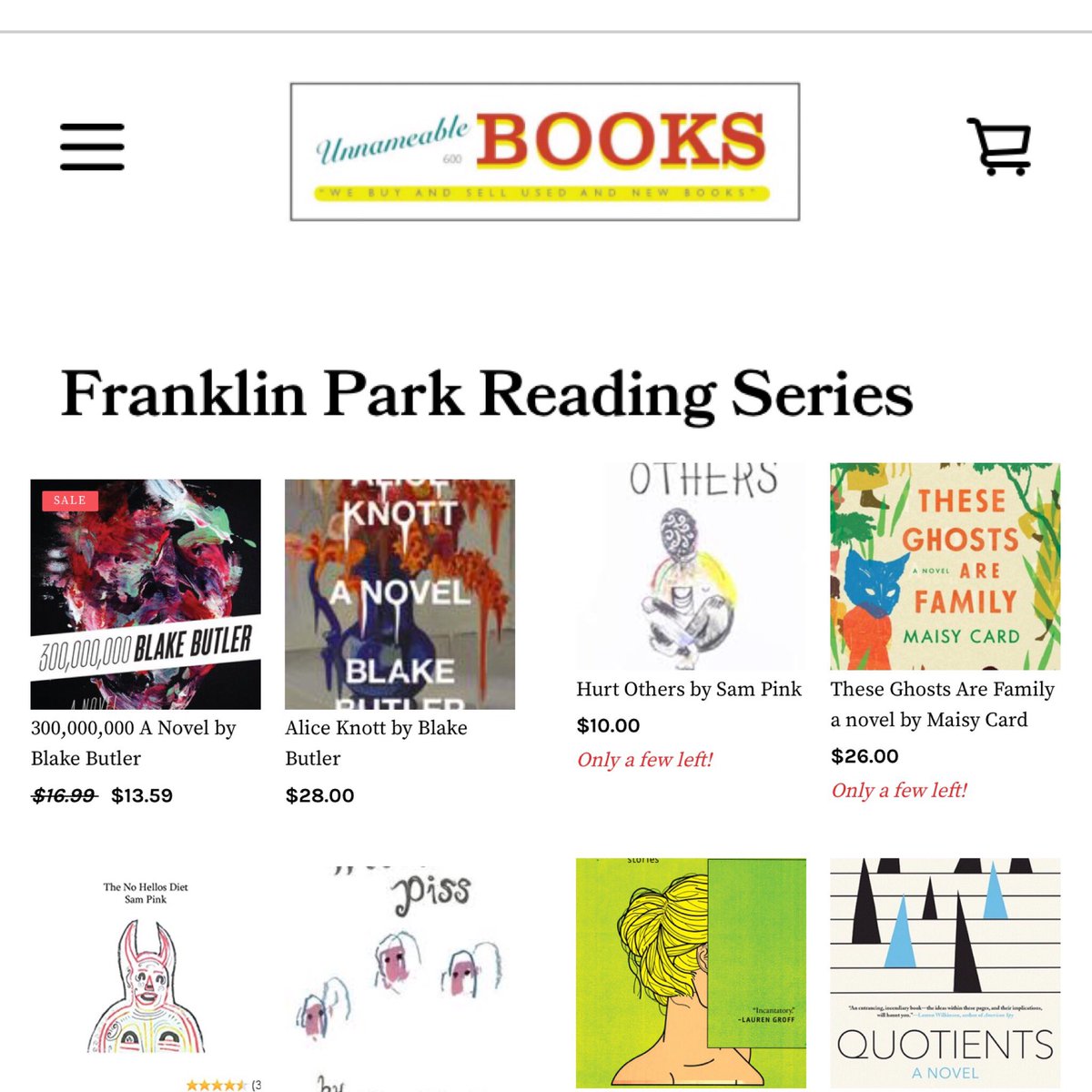 Penina Roth (@peninaroth) on Twitter photo So excited for Monday’s Virtual <a href="/FranklinParkBK/">Franklin Park</a> Reading with <a href="/blakebutler/">blake butler</a>, <a href="/tracysoneill/">Tracy O'Neill</a>, <a href="/dracm/">Drac Him Down Mj</a>, and @woodlandraised! Register here: bit.ly/2VD4b8B
And find books by our authors at our favorite #indiebookstore, <a href="/UnnameableB/">unnameable books</a>: unnameablebooks.square.site/shop/18 So excited for Monday’s Virtual <a href="/FranklinParkBK/">Franklin Park</a> Reading with <a href="/blakebutler/">blake butler</a>, <a href="/tracysoneill/">Tracy O'Neill</a>, <a href="/dracm/">Drac Him Down Mj</a>, and @woodlandraised! Register here: bit.ly/2VD4b8B
And find books by our authors at our favorite #indiebookstore, <a href="/UnnameableB/">unnameable books</a>: unnameablebooks.square.site/shop/18