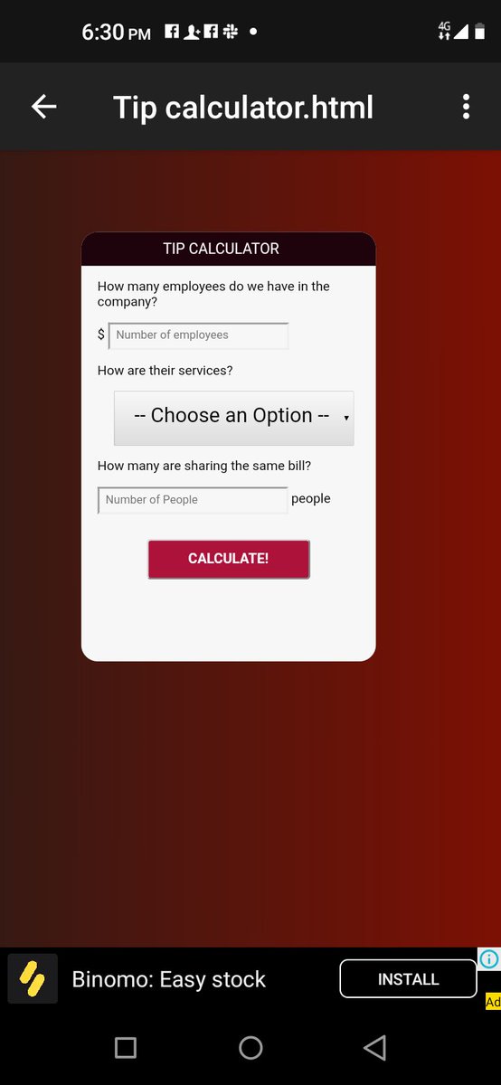 BLikukuvali's tweet image. Day 41 of #100DaysOfCode 
Finally I managed to build a tip calculator with JavaScript.
#dcoder
#100DaysOfCode 
#CodeNewbie 
#GirlsWhoCode 
#WomenWhoCode 
#womenintech 
#learntocode 
#AkiraChix
#codeHive2020