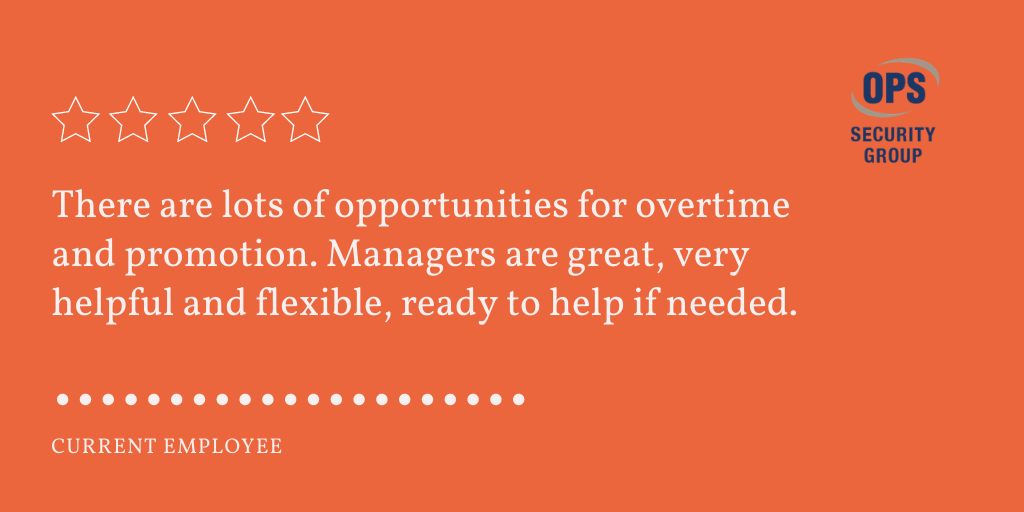 OPSProtect's tweet image. Letting our #employees speak to the type of work environment we work hard to cultivate. We're proud to promote from within. A 5 star review from a current employee, click here to hubs.ly/H0snZ430 to apply to join the team. #reviews #careersinsecurity #securityguardjobs
