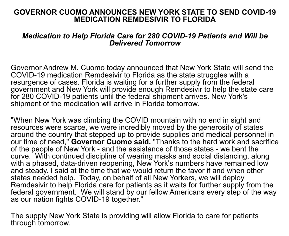 New York promised to help states in need as we were helped when we needed it. Today we pay it forward. Tomorrow we will deliver Remdesivir to Florida to help care for COVID patients. The people of NY stand shoulder to shoulder with Americans fighting this virus.