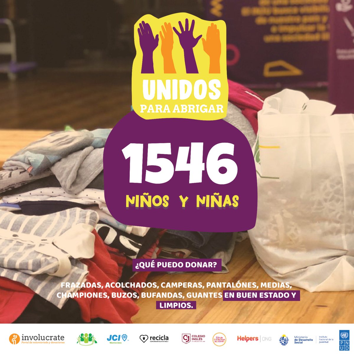Sigue la Campaña:
"UNIDOS PARA ABRIGAR"

»Nuevo objetivo a cubrir«
Abrigos para niñas/os que asisten a comedores, y organizaciones sociales.

¿CÓMO DONAR?
Ingresá a coronasolidaria.uy para encontrar el punto más cercano a tu casa🏠 o lo pasamos a buscar🚚