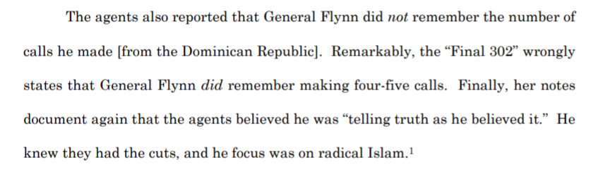 The falsified 302 differs from the notes on 1/25/17 the day after the interview. During the meeting they say Flynn did not remember how many calls he made. But the falsified 302 that McCabe approved says he remembered it was 4-5 calls.