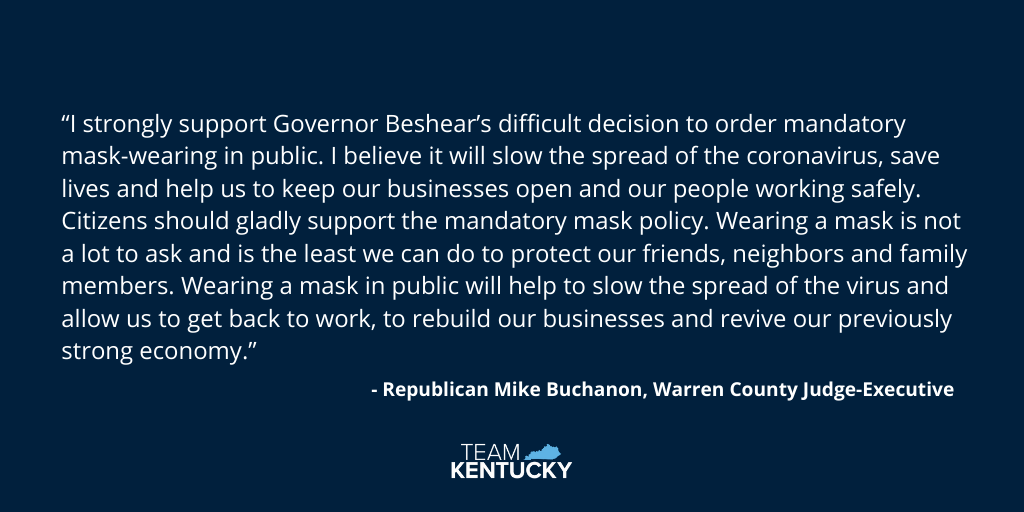 GovAndyBeshear's tweet image. Fighting #COVID19 shouldn’t be political. Here’s a statement from Republican Mike Buchanon, Warren County Judge-Executive.