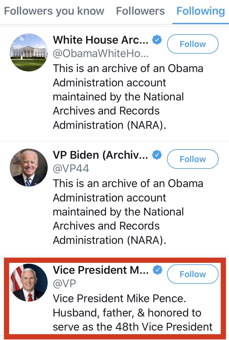 That along with the fact Joe Biden follows 26 accts, that represent only 8 people, one of which is Mike Pence!!