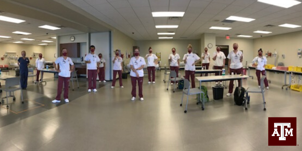 TAMUnursing's tweet photo. Donning Aggie masks, BSN students in Adult Nursing I pose for a quick picture in the Clinical Learning Resource Center at our Round Rock campus. These future #AggieNurses are learning to provide care to adults, helping patients reach their optimal level of wellness!
#TAMUNurse https://t.co/6VTZOOEkES