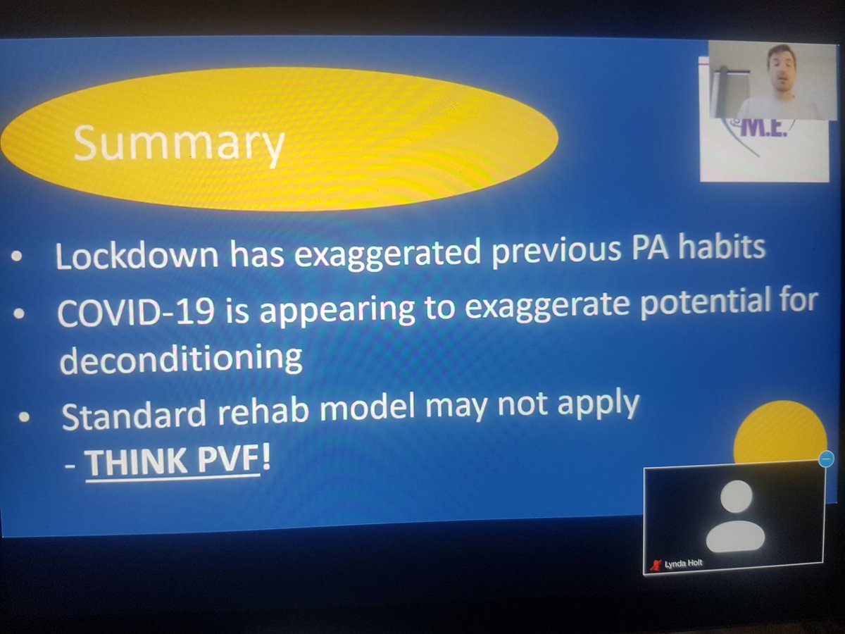 Fantastic penultimate presentation by  @HealthPhysio on deconditioning in the time of Covid-19 & looking at  #PVF,  #PVFS &  #ME. Physical acticity is good & accessible to most but there is no one size fits all approach - sometimes a rest prescription is needed!  #EndPJparalysis