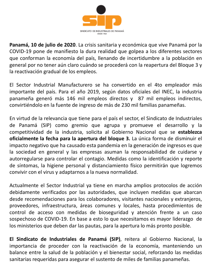 industrialespty's tweet photo. El Sector Industrial reitera la importancia de establecer  oficialmente la fecha para la apertura del bloque 3 y la reactivación gradual de los empleos. https://t.co/AXTxSPDbWr