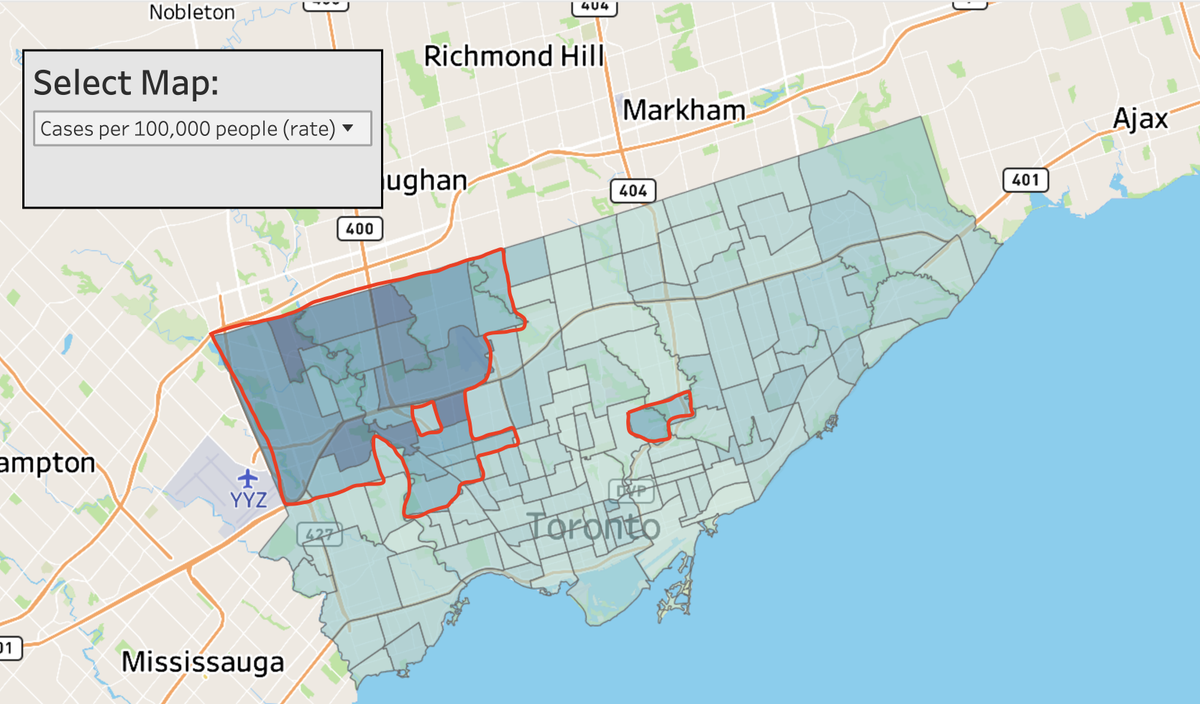 8/ The 17 worst-hit Toronto neighbourhoods for sporadic cases (excluding outbreaks) per capita are all in the city's northwest. Of the worst-hit 25 neighbourhoods, all but 2 are in or adjacent to the area bounded by Steeles and Eglinton, and Hwy 427 and Dufferin.