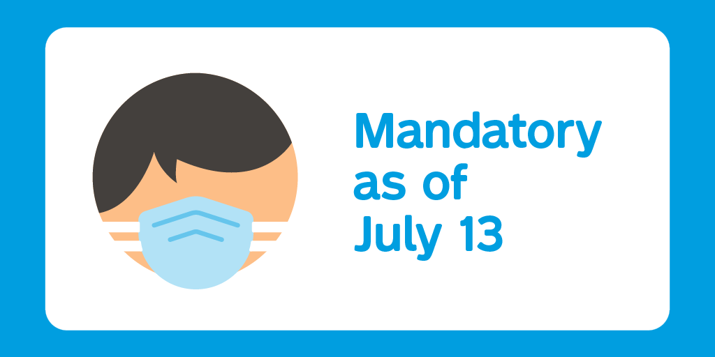 stminfo's tweet photo. [Let's take care of each other] 😷 Wearing a face covering will become mandatory as of July 13th in public transit. Let's all do our part by adopting this simple gesture that will make traveling safer for everyone. https://t.co/u7Qh829tKF