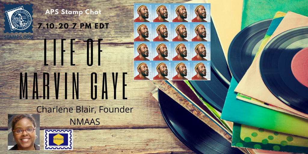 APS_stamps's tweet photo. 7 PM EDT TONIGHT: Stamp Chat
Join us for an after work wind down; @thestampkeeper     shares "The Life of Marvin Gaye"; this will be an interactive chat, with games to play &amp; an hour to chill &amp; connect w other enthusiasts, hobbyists, and cool cats. https://t.co/IVGKURAy1R https://t.co/2G6zDxx7nY