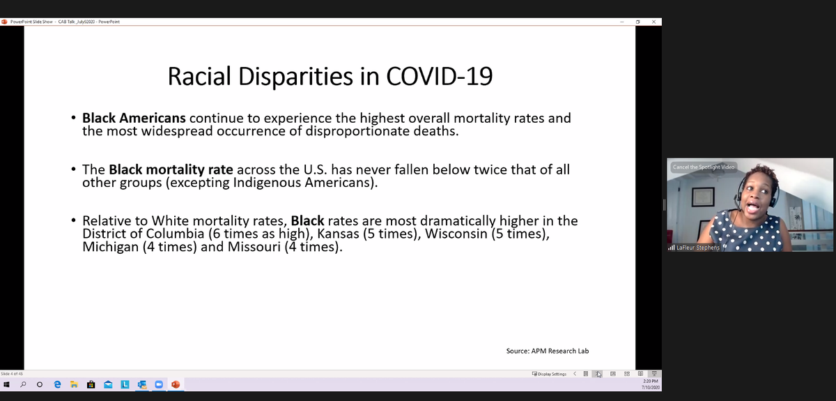 IPRatNU's tweet photo. Princeton's @LaFleurPhD is presenting her research on the public's reaction to information about racial disparities in the #COVID19 pandemic. #CAB2020 https://t.co/Q85LhcZZFO