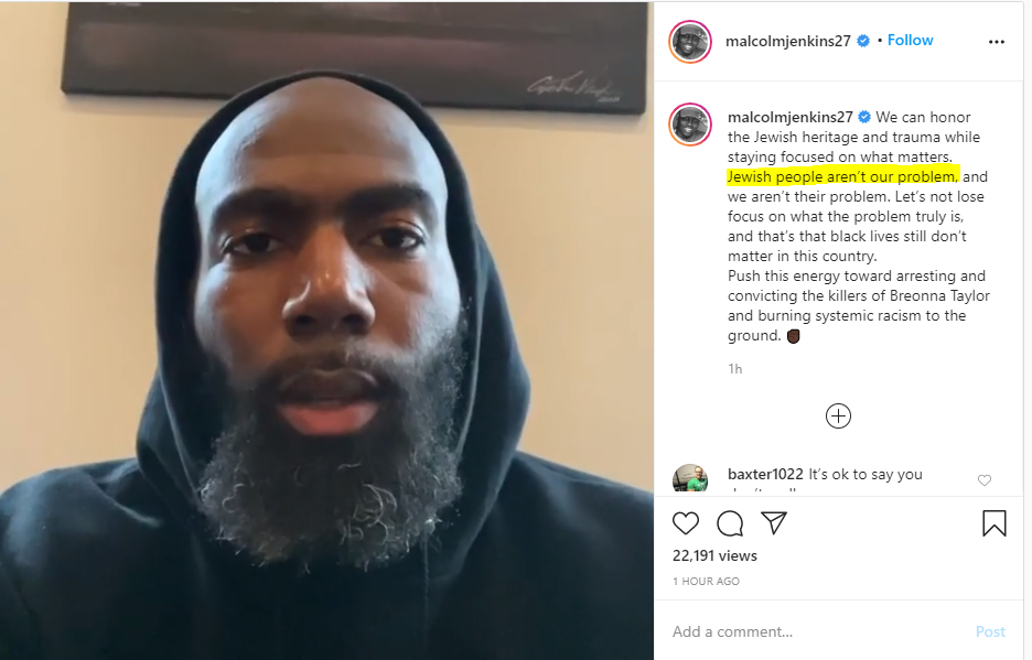 .<a href="/MalcolmJenkins/">Malcolm Jenkins</a> writes that while DeSean Jackson is wrong: "Jewish people aren’t our problem."

Jenkins is seeking support from others against racism he faces as a minority but won't offer such support towards another group that is attacked by the ignorant and hateful?