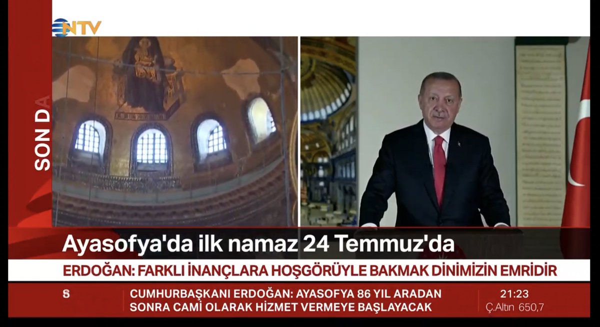 Erdogan read a lot of poetry on Istanbul and Mehmed II, recited the Sultan’s curse against those who would attempt to change the form of the building other than a mosque. He deliberately didn’t mention Ataturk who made the decision to change its form