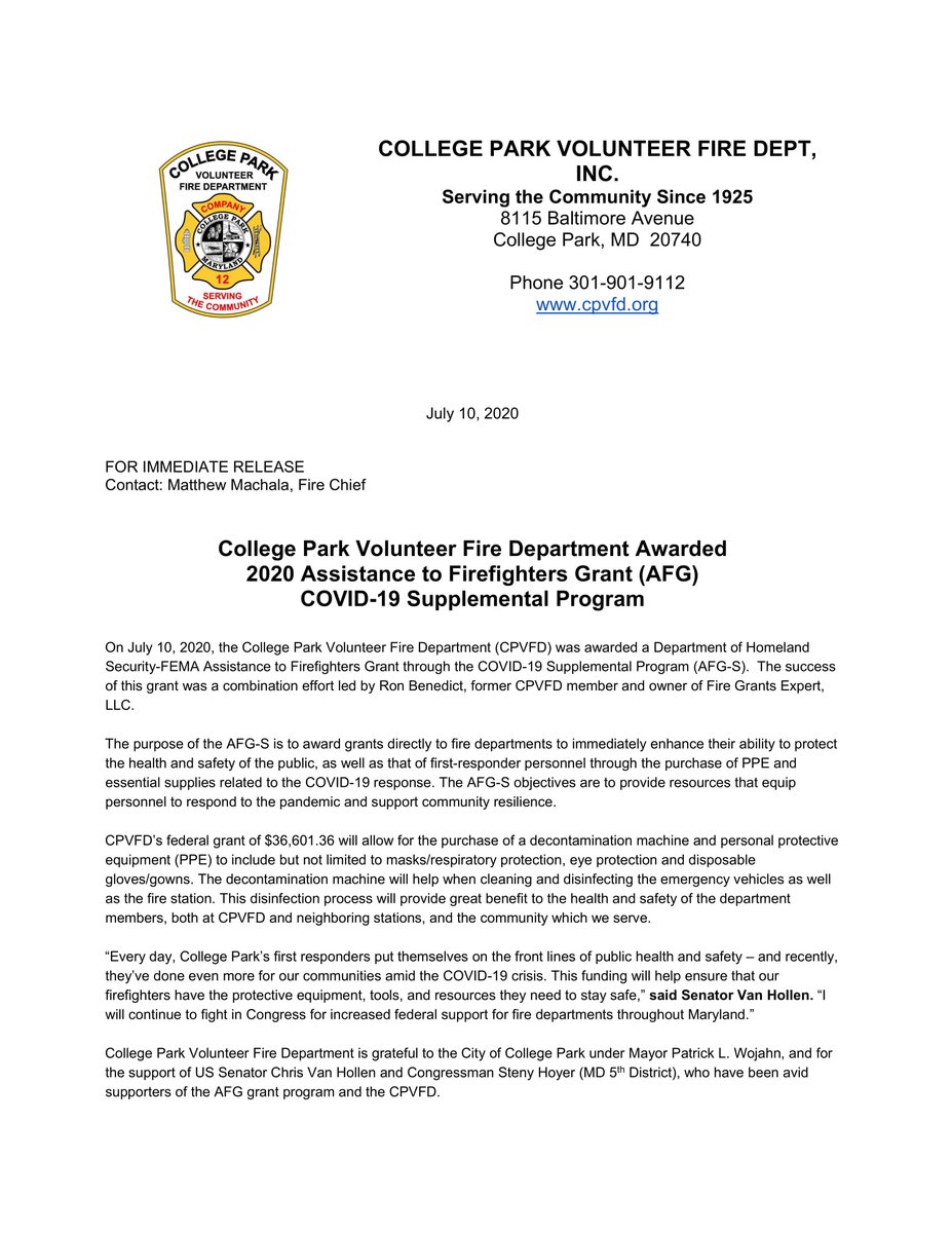 CPFD's tweet photo. The CPVFD is pleased to announce we have been awarded an AFG grant through the COVID-19 Supplemental Program. A special thanks to @patrick_wojahn @ChrisVanHollen and @LeaderHoyer for your continued support of the AFG program and the CPVFD! https://t.co/UWLMLNGpcg
