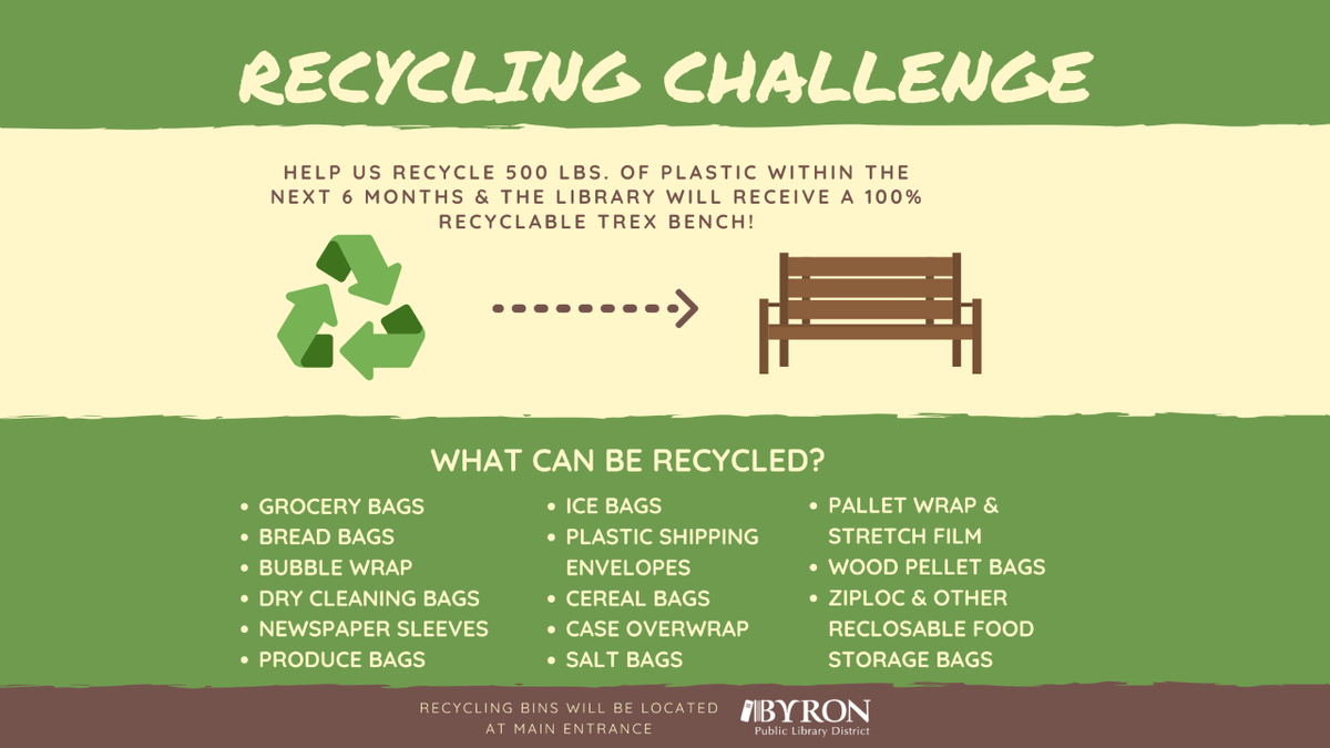 ByronLibrary's tweet photo. Help the #ByronLibrary earn a new #TrexBench for the library by bringing in plastic bags and #recycling them here! https://t.co/JZDOmfuxbe