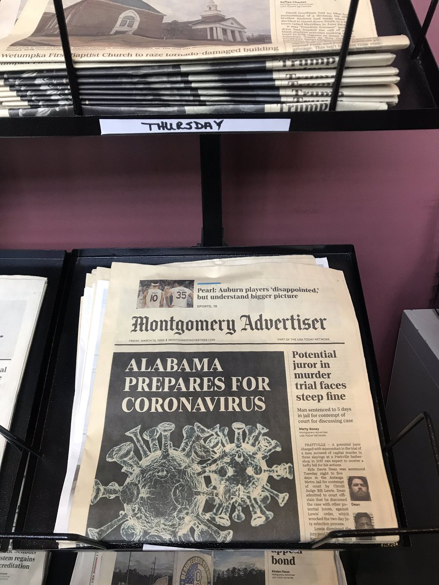 itsmelissabrown's tweet photo. Eerie sign of the times I just noticed: The yellowing newspapers on the @MGMAdvertiser front desk rack that haven’t been changed out since the office shut down. https://t.co/mHS1SsvUKC
