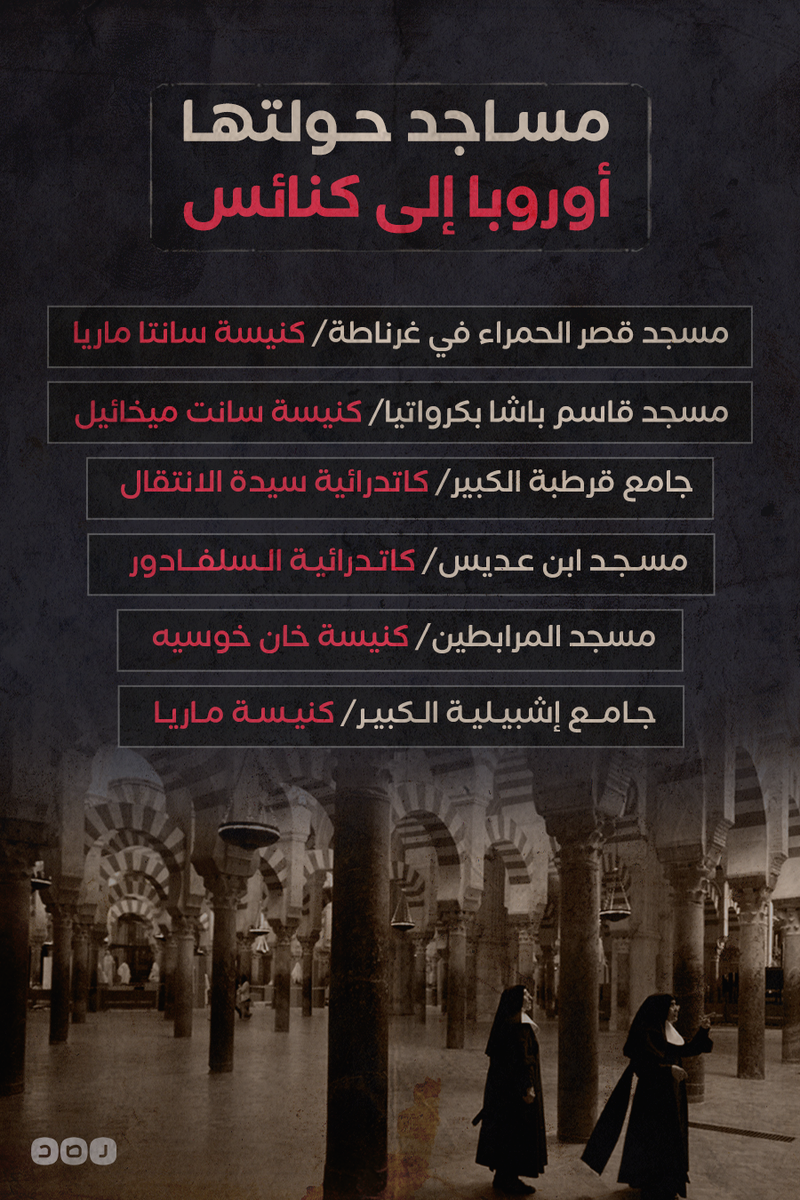 مع اعتراض أوروبا على تحويل «#آيا_صوفيا» إلى مسجد..
هذه أبرز المساجد التي حولتها دول أوروبا إلى كنائس، رغم أن بعضها يعد تُحفًا معمارية استغرق بناؤها عشرات السنين، وكانت رموزًا عملاقة في التاريخ الإسلامي، ضمن مئات المساجد التي حولت إلى كنائس فيما بعد