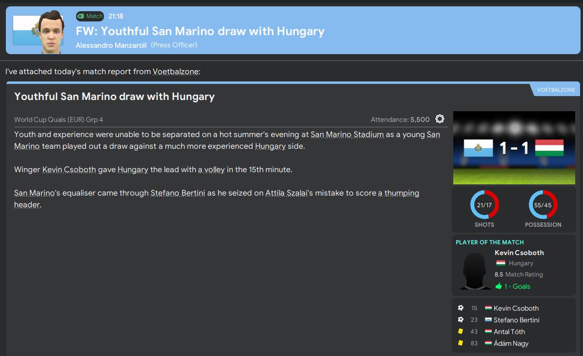 An unexpected pair of results, drawing with Hungary and beating Switzerland, finishes off a mixed season for San Marino in style. Currently means that we sit 2nd in our qualifying group after 4 games, only behind France. Could this be the time for San Marino...  #FM20