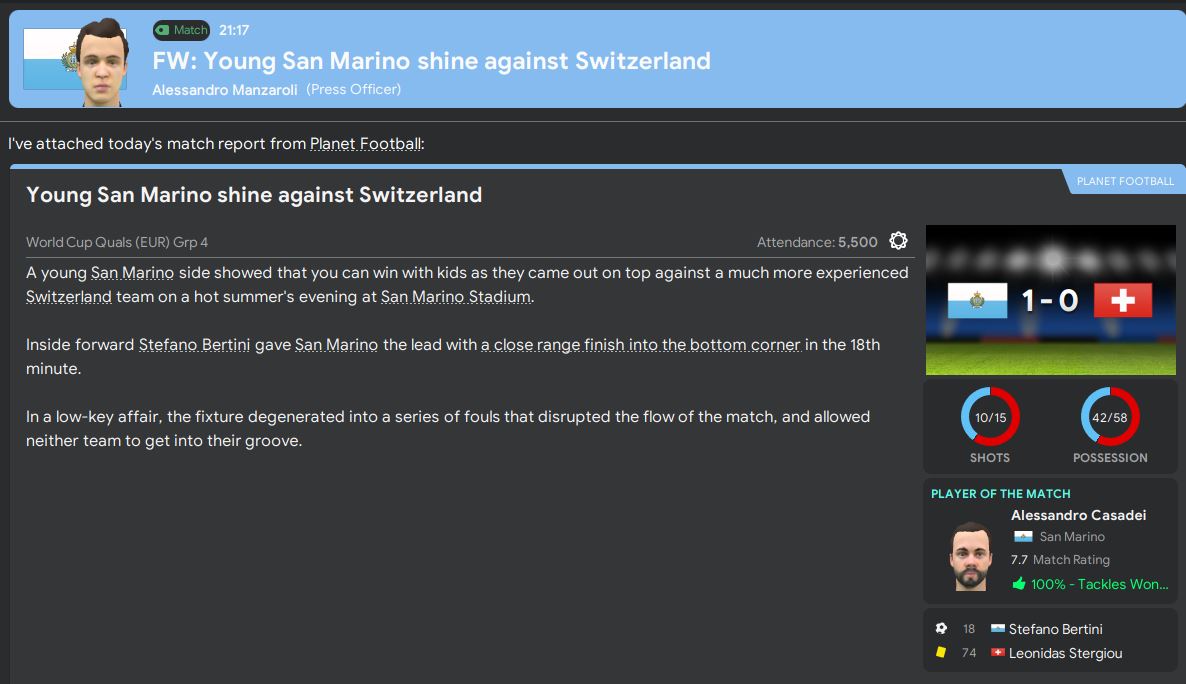 An unexpected pair of results, drawing with Hungary and beating Switzerland, finishes off a mixed season for San Marino in style. Currently means that we sit 2nd in our qualifying group after 4 games, only behind France. Could this be the time for San Marino...  #FM20