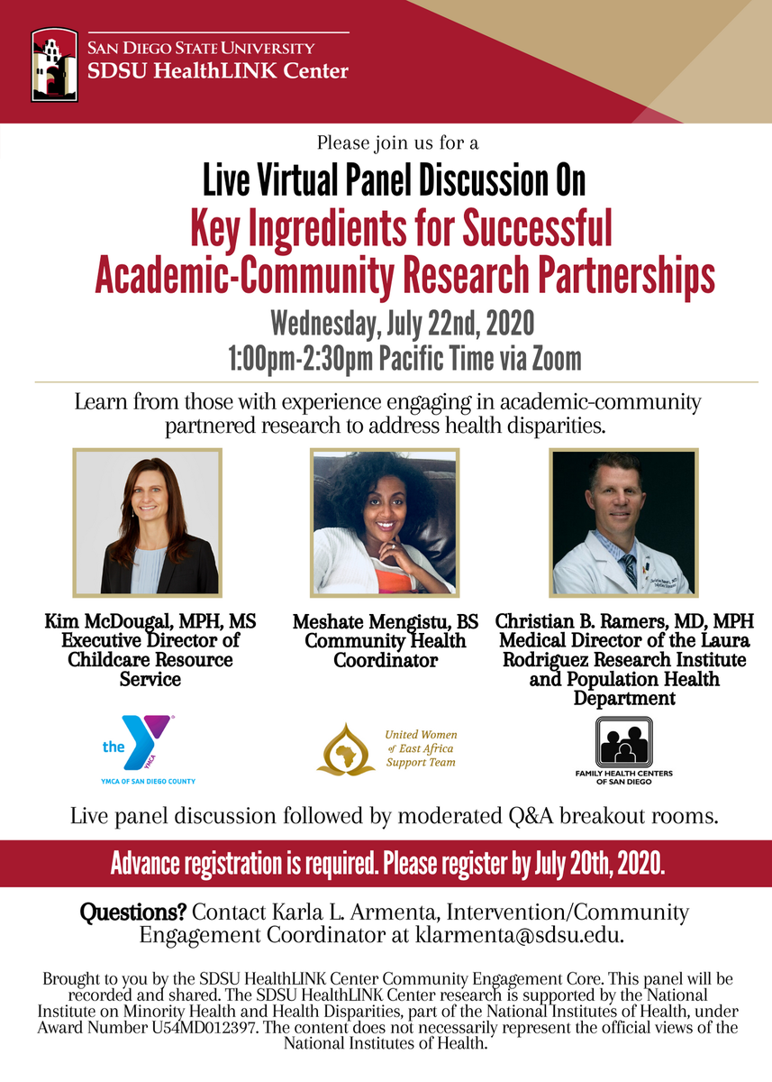 Be sure to register by July 20th to join us at our upcoming live virtual panel discussion!  Hear from representatives from <a href="/YMCASanDiego/">YMCA San Diego</a> Childcare Resource Service, <a href="/uweast1/">UWEAST</a> , and <a href="/FamilyHealthSD/">Family Health Centers of San Diego</a>.  
SDSU.zoom.us/meeting/regist… 

#healthequity #research #sandiego #virtualevent