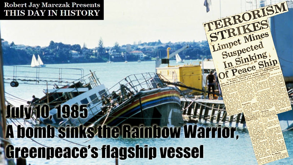 marczak_rob's tweet photo. July 10, 1985
A bomb sinks the Rainbow Warrior, Greenpeace’s flagship vessel

#rjm #Auckland #bomb #conservation #flagshipvessel #FrancoisMitterrand #FrenchPolynesia #Greenpeace #GreenpeaceFlagshipVessel #NewZealand #RainbowWarrior 

Link: https://t.co/WrKLEnQIsK https://t.co/Ftcd2Yj9j3