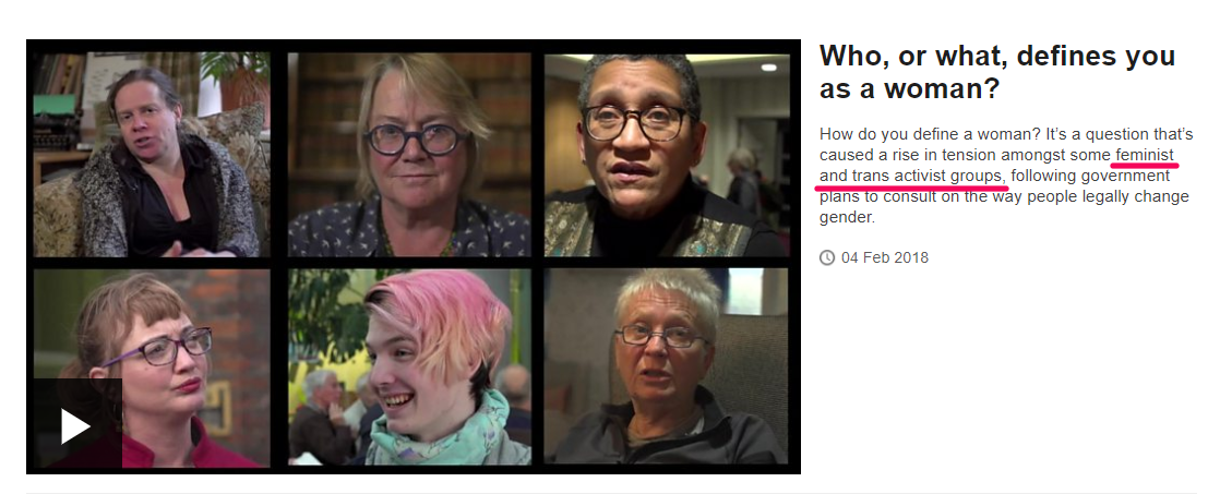 I cannot count the number of times when I have seen newly created (often evangelical funded) anti-trans lobby groups named as 'feminist campaigns' while any trans person, however distinguished is branded as a 'Trans Activist' - see e.g. below examples from BBCNews #BBCTransphobia