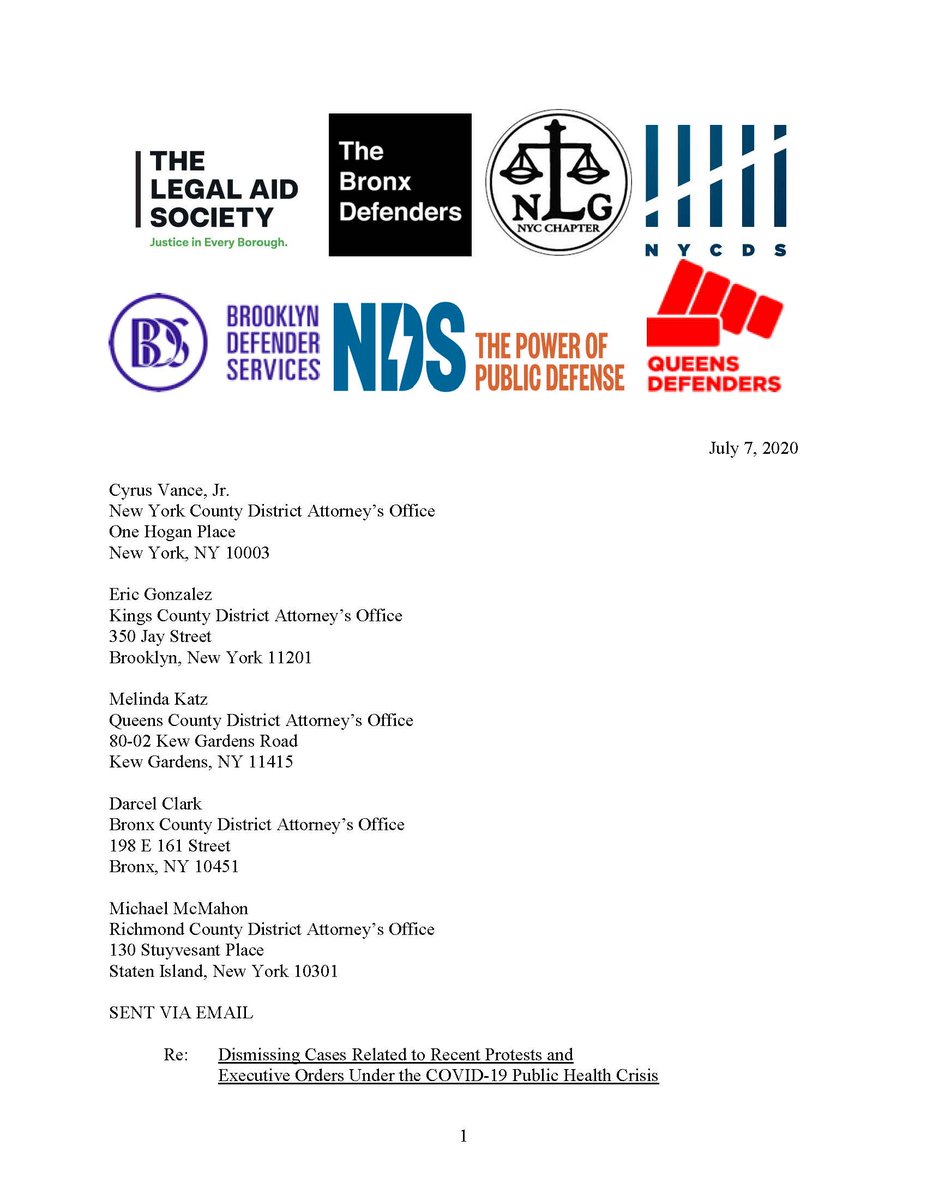 This news comes in the wake of a July 7, 2020 joint letter from  @NLGNYCnews  @LegalAidNYC  @NeighborhoodDef  @BronxDefenders  @BklynDefender and  @nyc_defenders to ALL NYC-local prosecutors demanding they dismiss ALL criminal cases from the recent social distancing and protest arrests