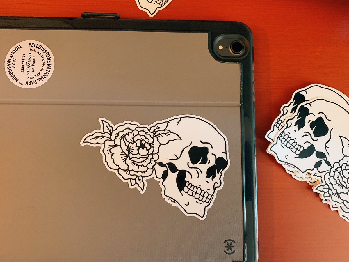 baileysarts's tweet photo. Selling these little stickers I recently made from a drawing I did a couple years ago! “Skull &amp; Peony” Die-cut Vinyl. 
5 inches x 3.25 inches 

Who wants one? :) 

#skullstickers #skullart https://t.co/OkKzB3BdUX