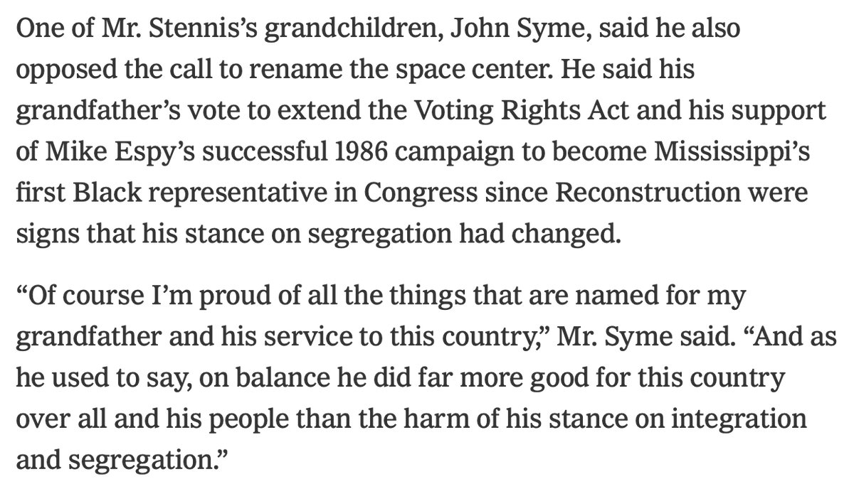I'm not being facetious, I really am curious. Senator Stennis was a real person, with all of the complexities that entailed. His legacy is complex. Check this out from  @allyson_renee7's article:I genuinely wonder what  @MikeEspyMS thinks?