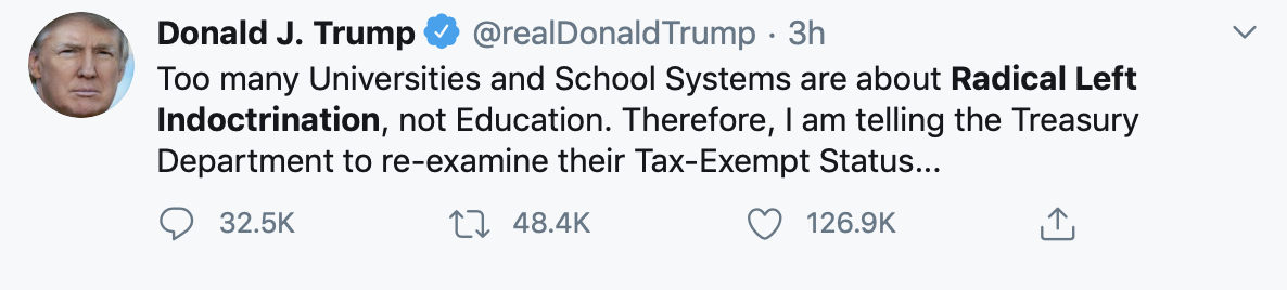 librarythingtim's tweet photo. This isn't the argument anyone want to make, but *EVEN IF* colleges were 24/7 Maoist indoctrination, that would NOT threaten their non-profit status. The First Amendment requires the government to be content neutral. Politicians threatening like this is why that's essential. https://t.co/axKQeWzh9g