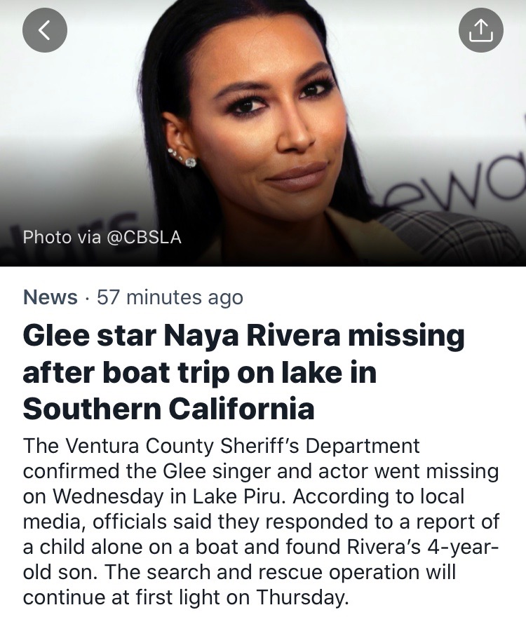 1/ A theory. Naya Rivera, 33, former Glee star, goes missing at Lake Piru, CA presumed drowned on 7.8.20 Her 4 yr old son is found alive in the boat w/life vest on. I hope I’m wrong about my suspicions, but there are too many strange things to ignore ...  #NoCoincidences