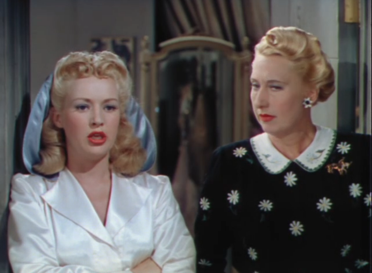 Song-and-dance man Dan (John Payne) is late for his big number with Vicky (Betty Grable). Vicky knows he's with another doll (so do we). She grumbles to Phoebe (Greenwood), "I'll find out soon enough. If he comes in reeking of perfume, I’ll know right away who it is…