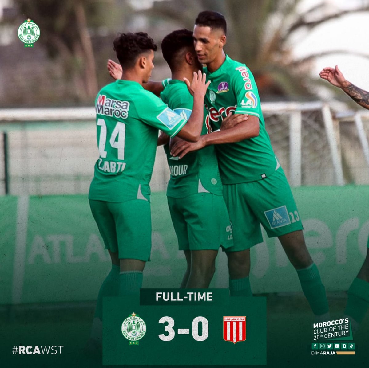 RCAofficiel's tweet photo. 🏁Full time

The first friendly match ends in a 3-0 victory for Raja Club Athletic, with goals scored by Anas Jabroune, Maati Tamayazou and Abdelilah Madkour👏

#CluboftheCentury🇲🇦 #DimaRaja https://t.co/OFCRsJQEXo